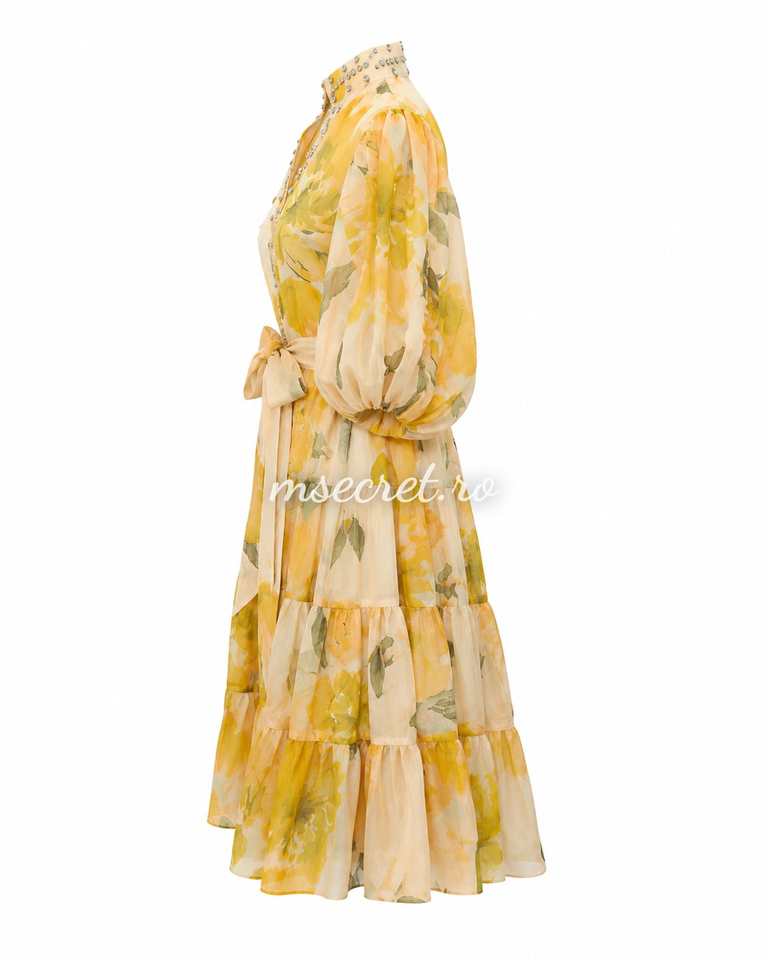 Yellow linen and silk dress with floral print