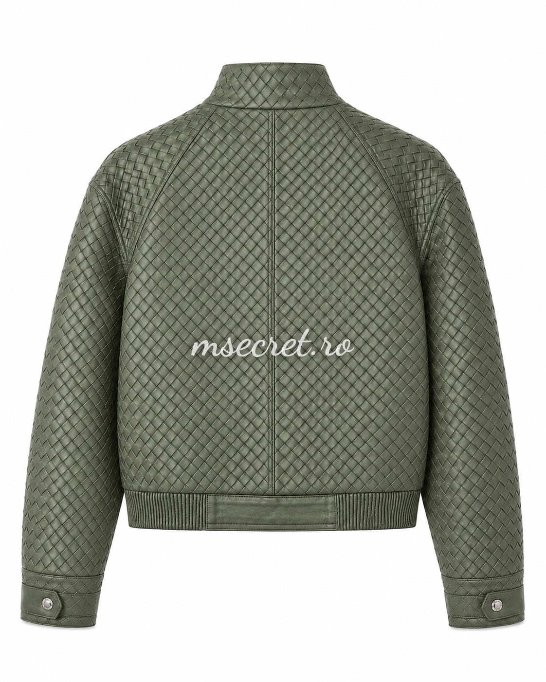 Geaca scurta din piele naturala olive cu textura impletita