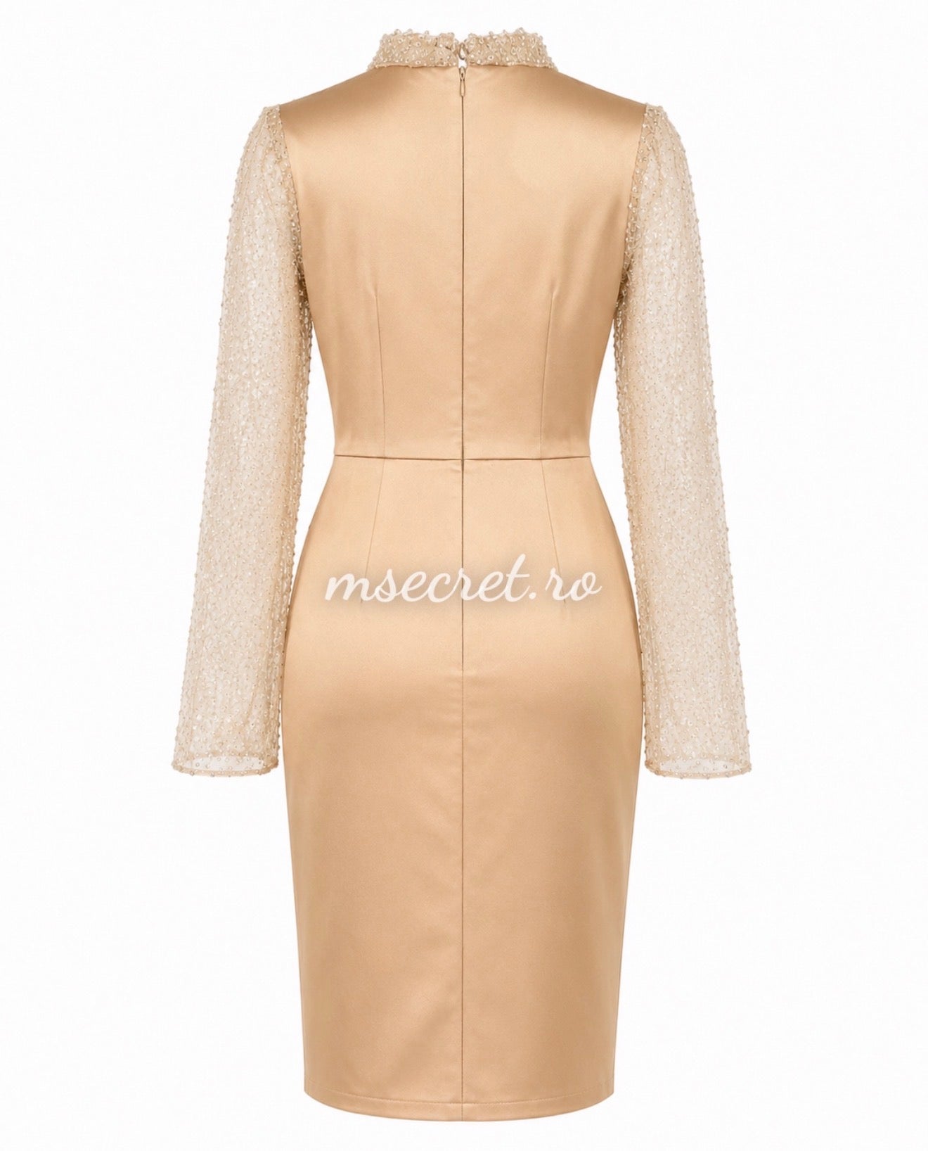 Rochie midi champagne, cu maneci transparente din tull brodat cu perle