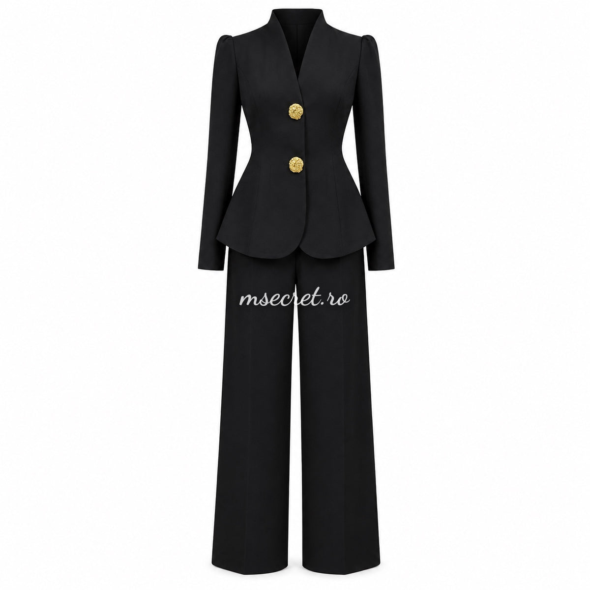 Compleu negru cu sacou cambrat si pantaloni evazati