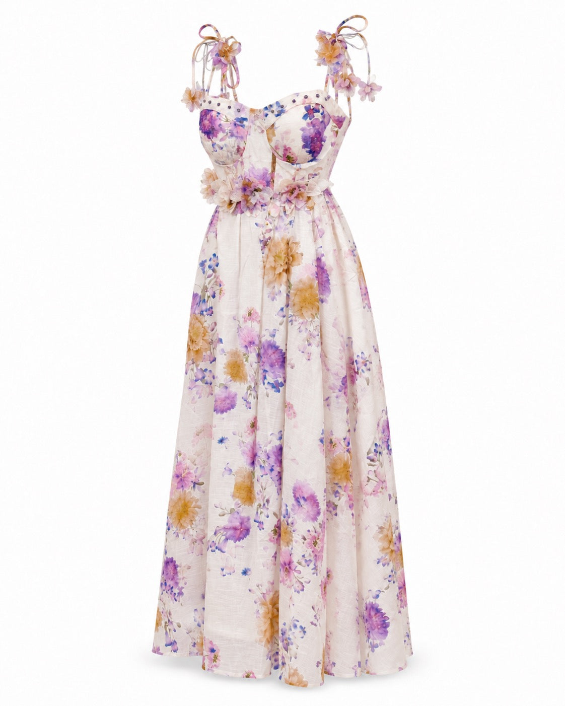 Rochie lunga florală din in cu corset și bretele reglabile