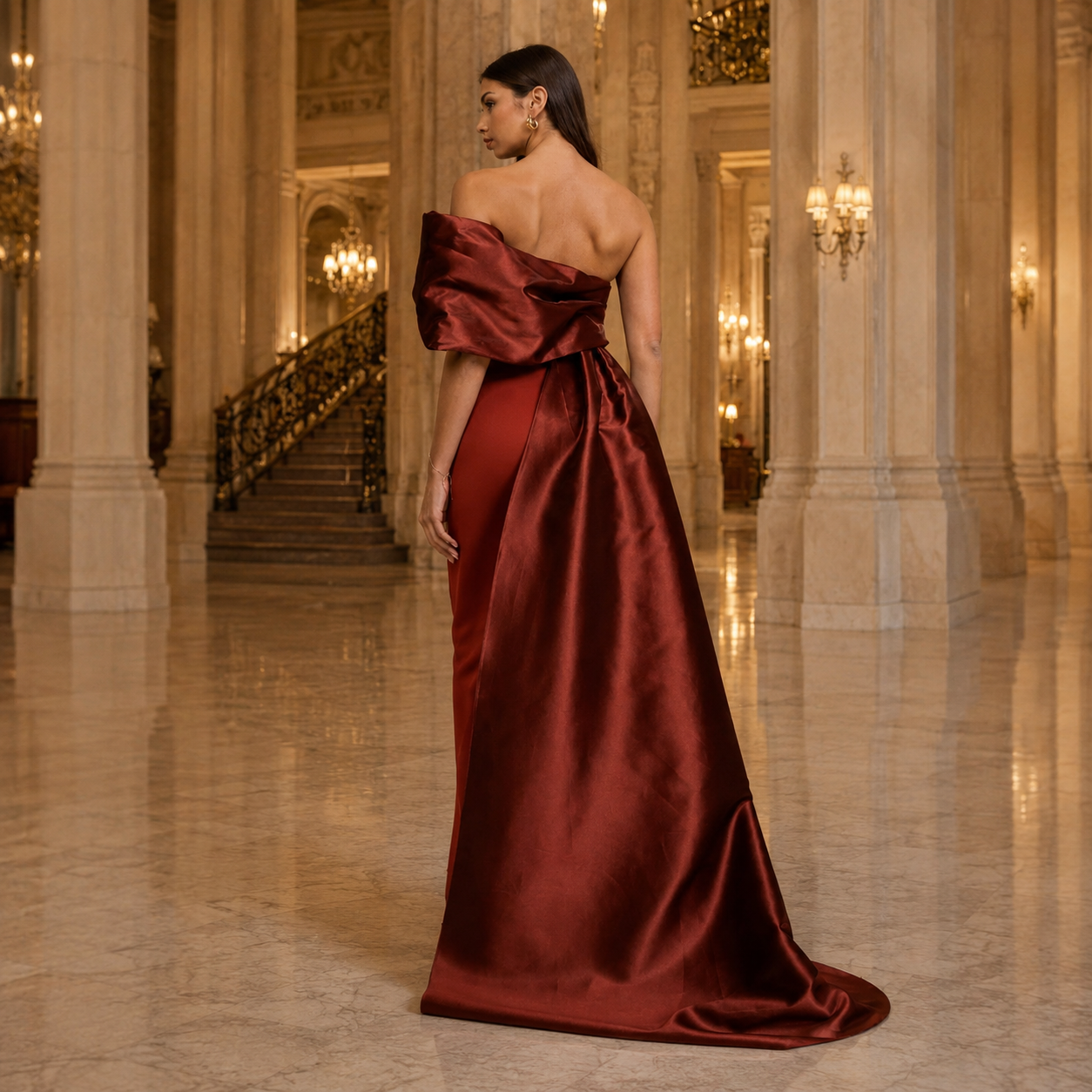 Rochie maxi eleganta bordo cu capa drapata din satin
