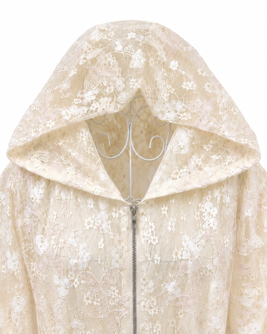 Cream jacket with butterfly sequins and hood