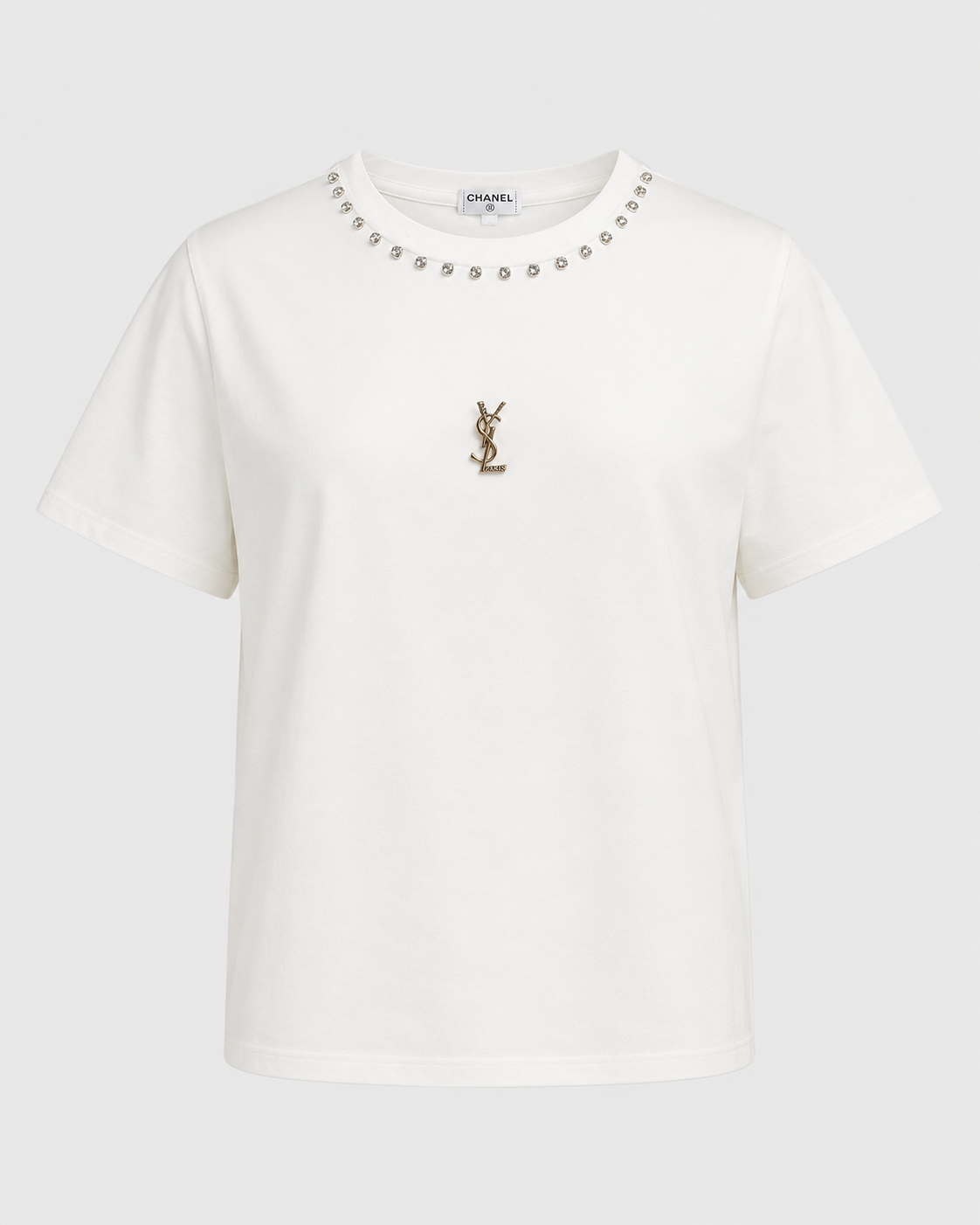 Tricou alb din bumbac cu brosa