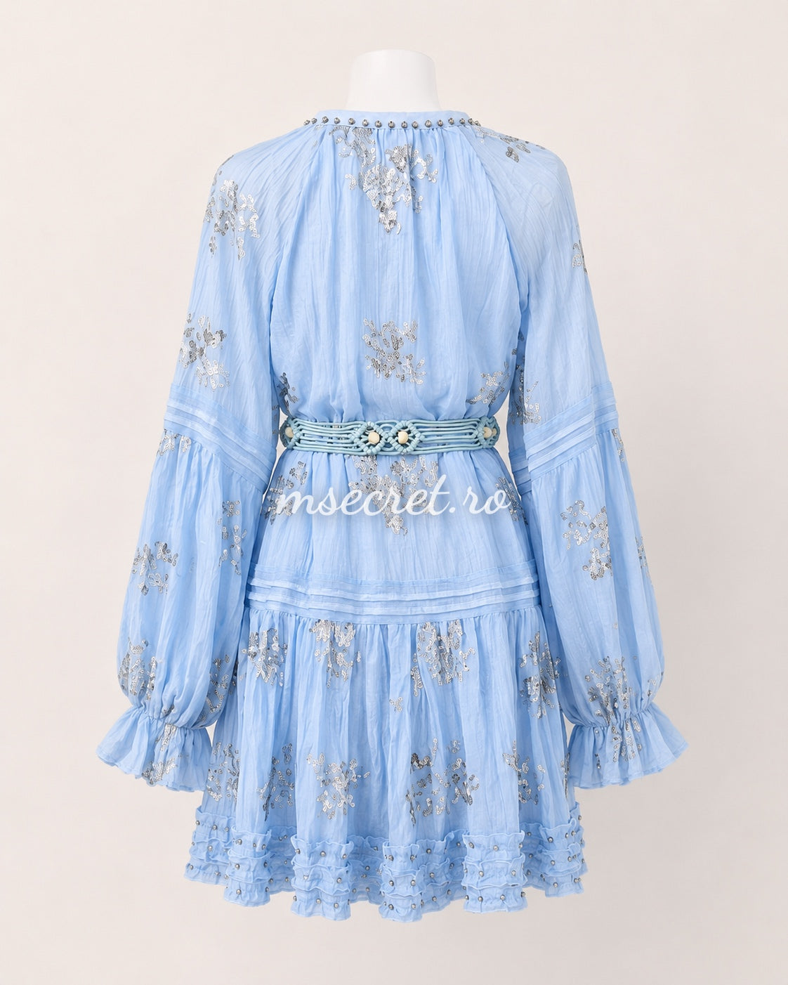 Short blue sequined dress with decorative belt