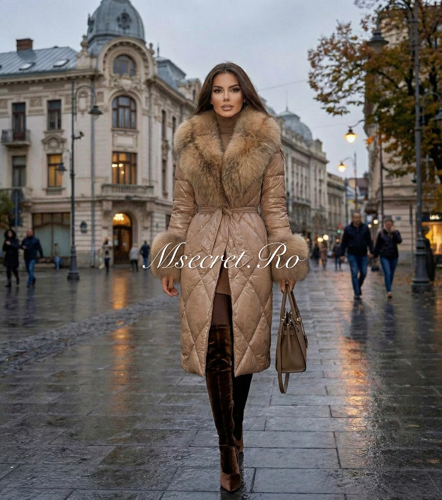 Beige waterproof jacket with natural fur
