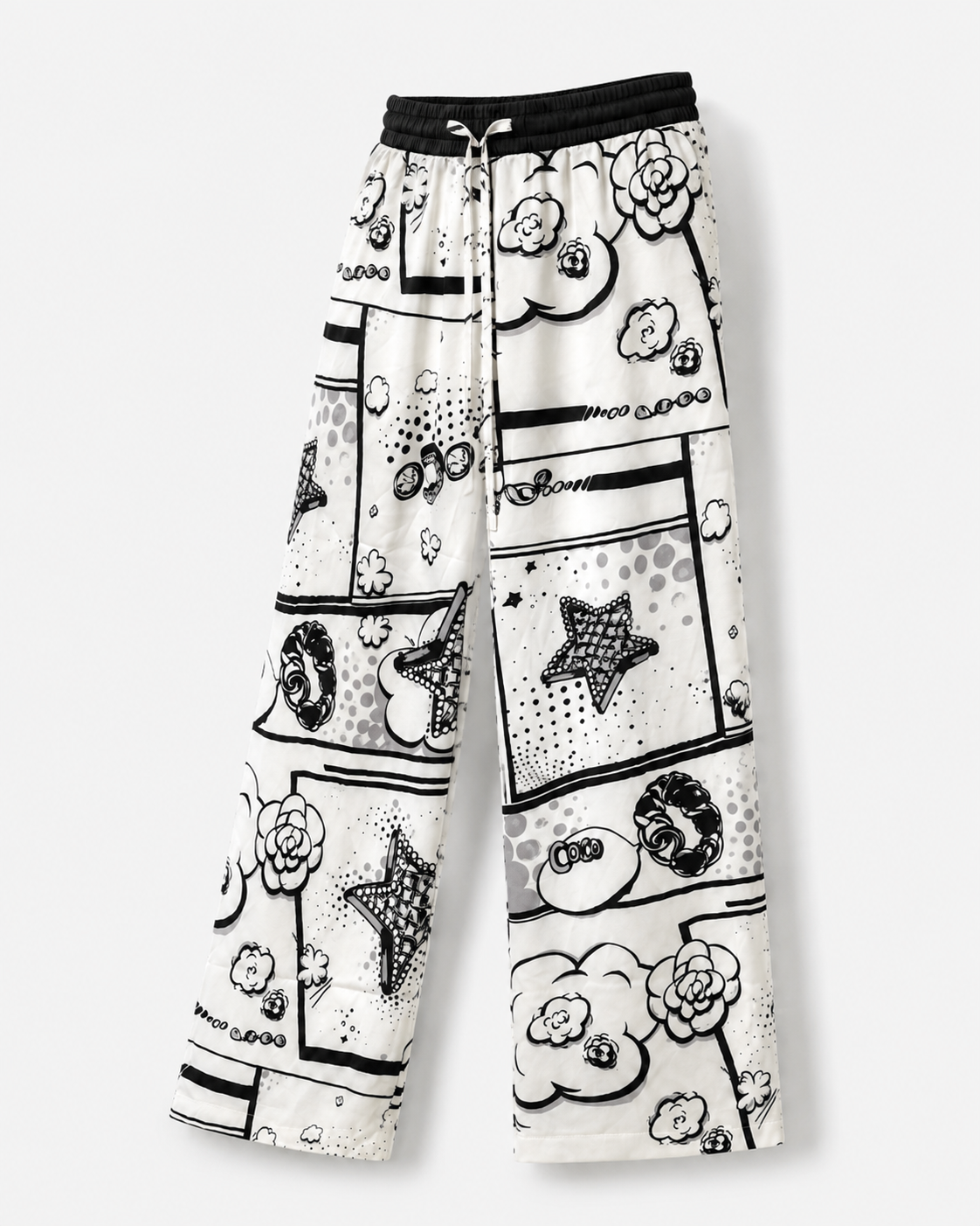 Pantaloni albi lungi din satin cu imprimeu grafic
