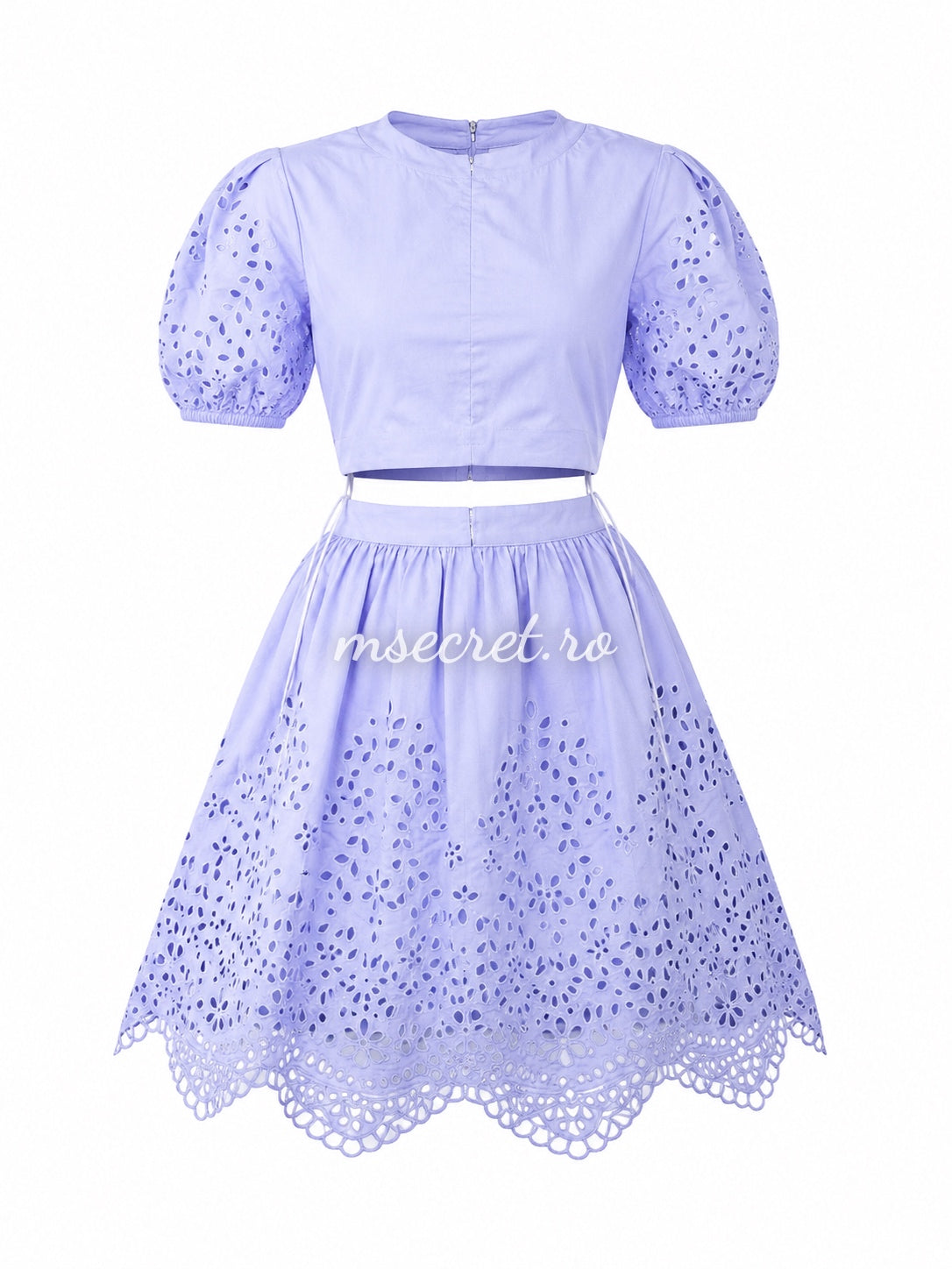 Rochie lila din bumbac perforat cu maneci bufante si cordon