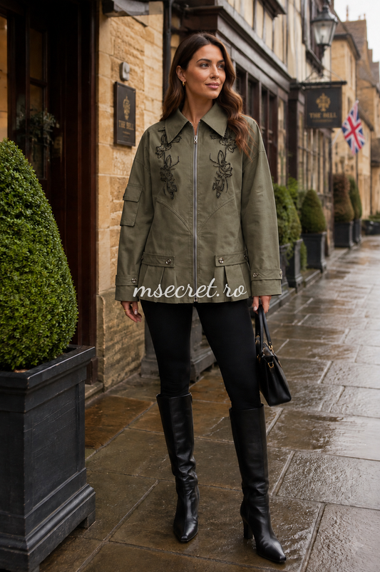 Jacheta olive din tercot cu broderie si peplum