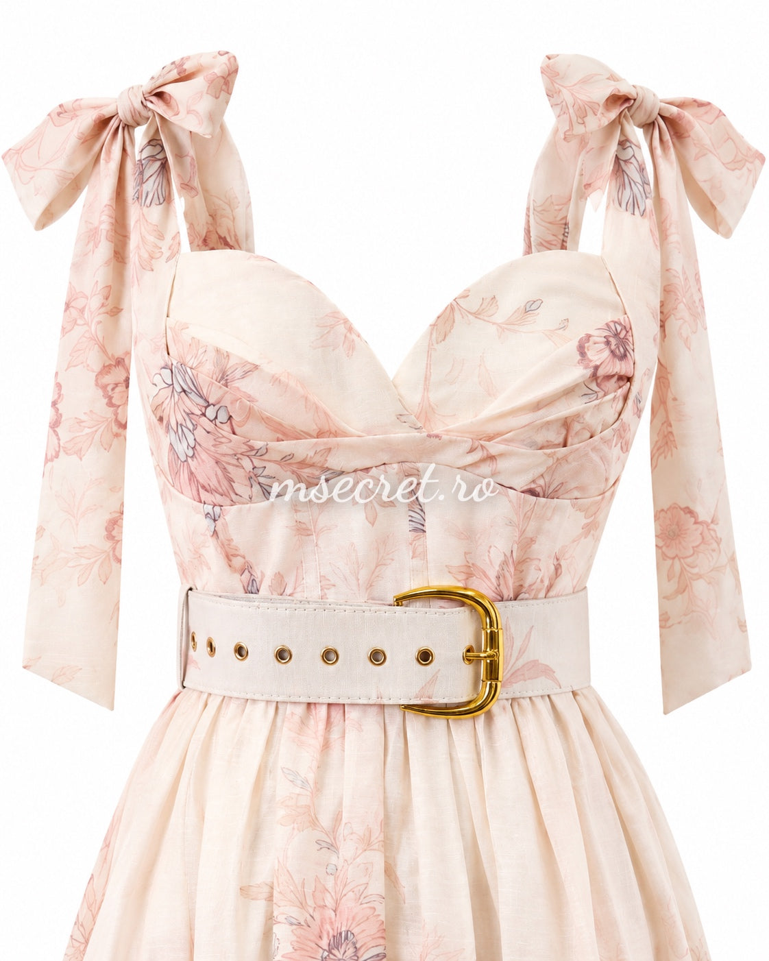 Pink floral print linen midi dress