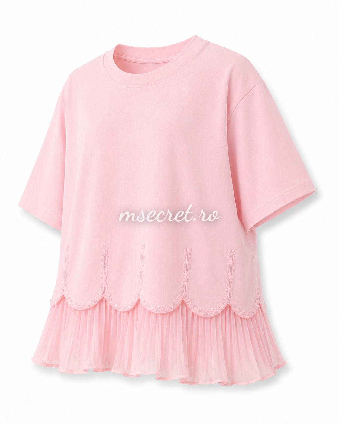 Tricou roz din bumbac cu volan plisat