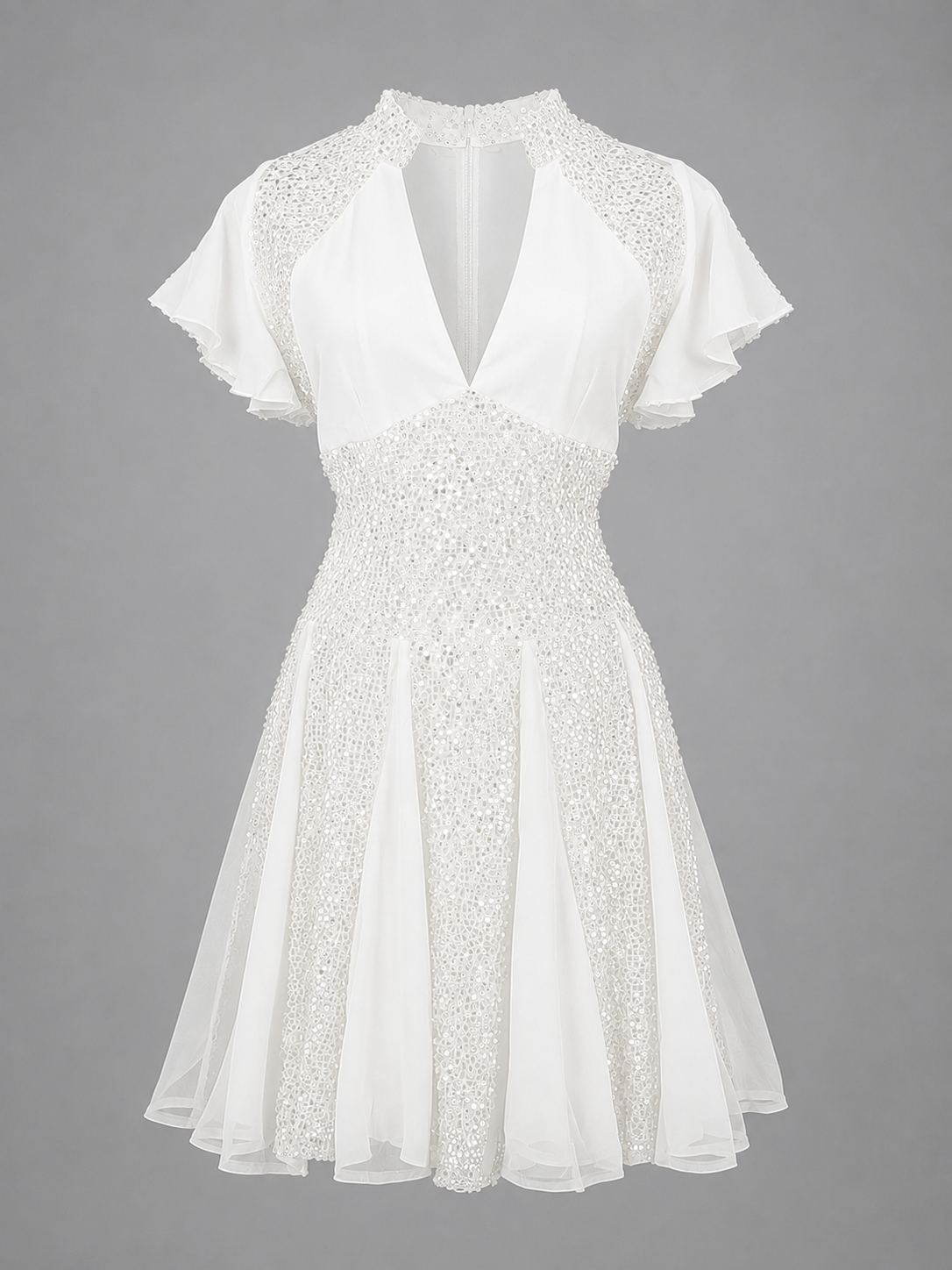 Rochie alba eleganta cu paiete si decolteu in V