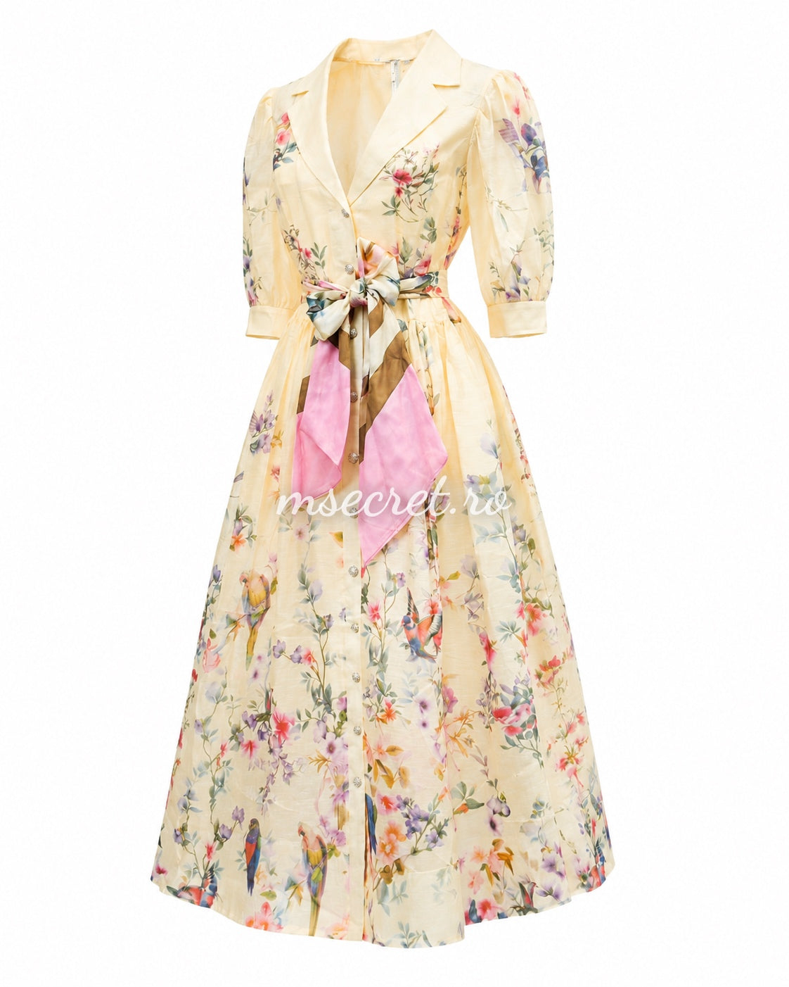 Rochie midi din in cu imprimeu floral si cordon tip esarfa