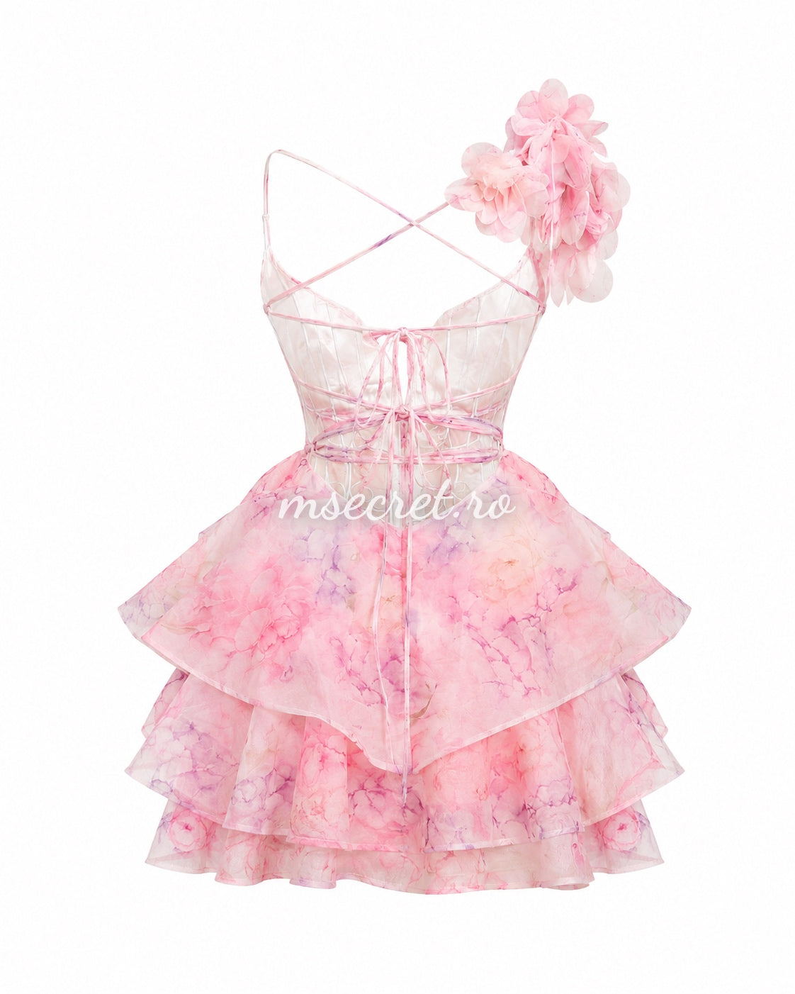 Rochie roz cu imprimeu floral si aplicatii 3D