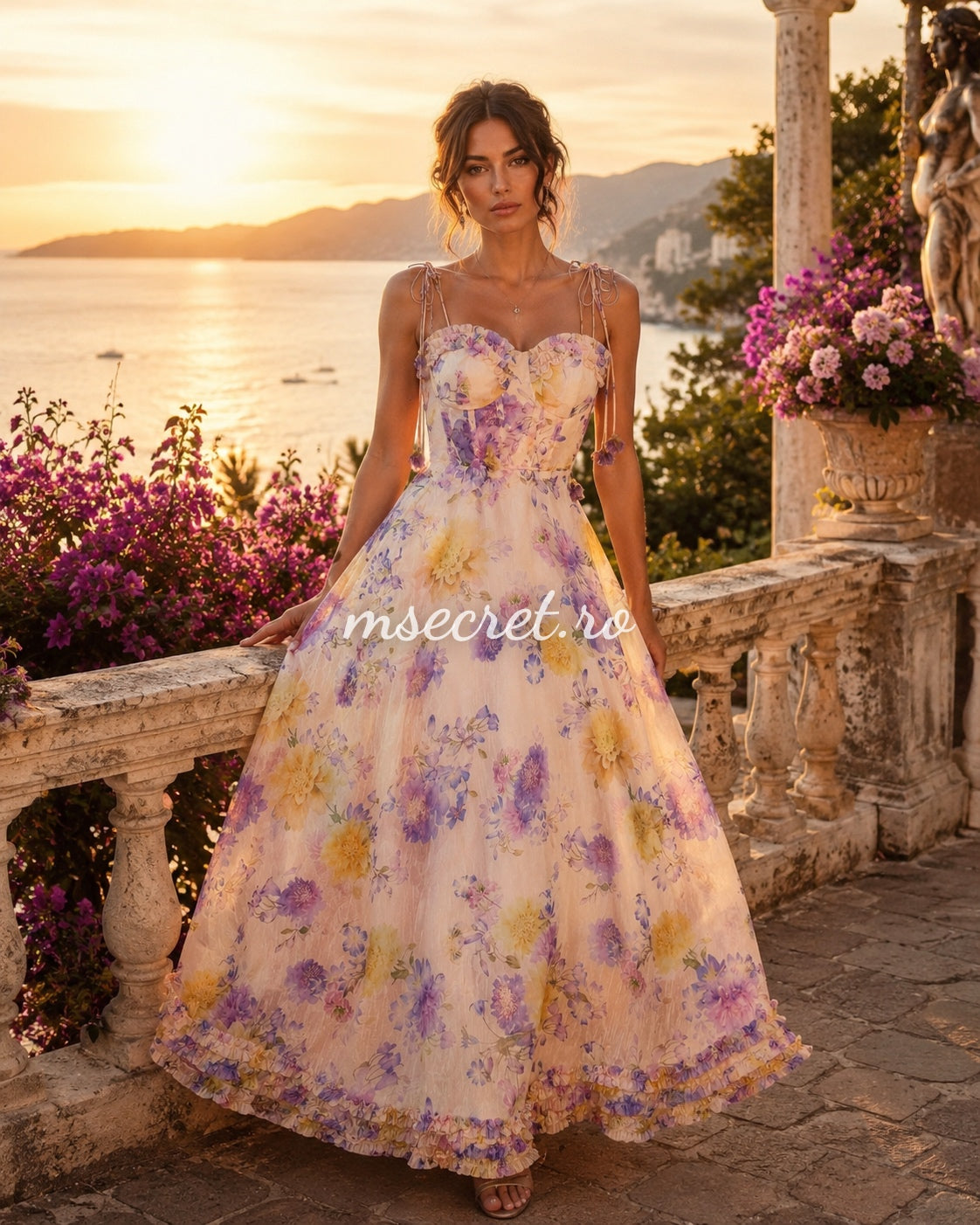 Rochie lunga florală din in cu corset și bretele reglabile