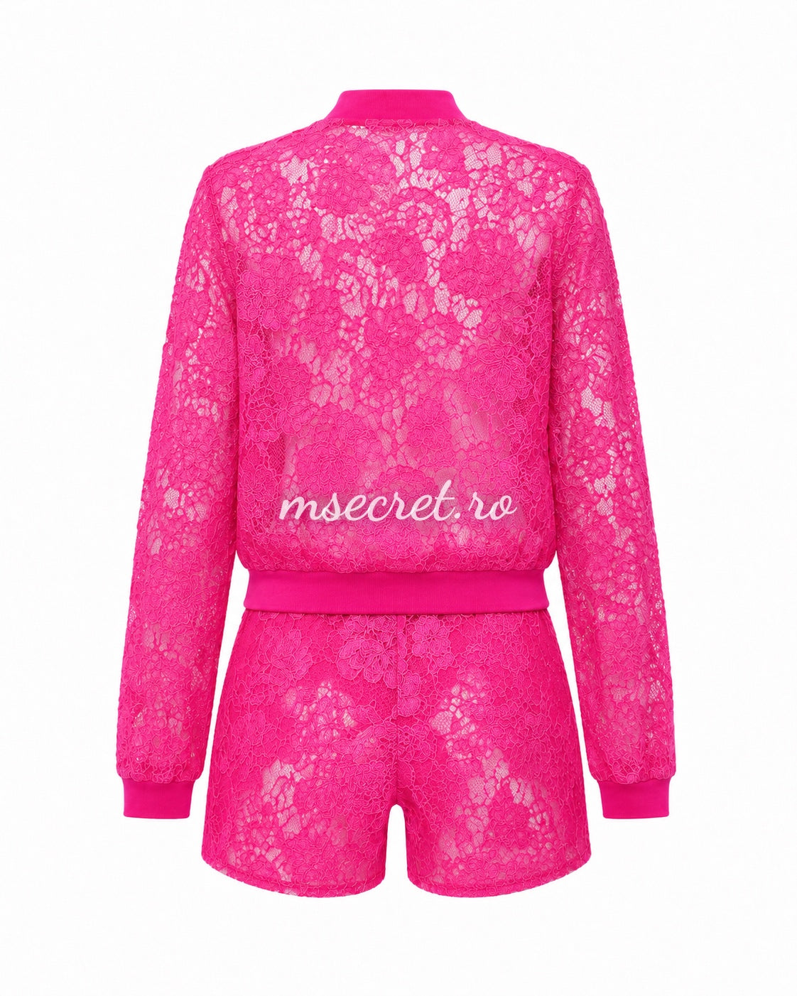 Compleu fucsia din dantela florala cu geaca si pantaloni