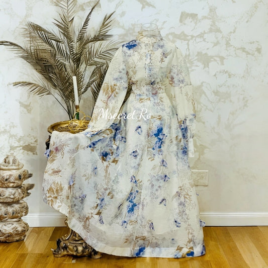 Compleu maxi din in cu imprimeu floral delicat