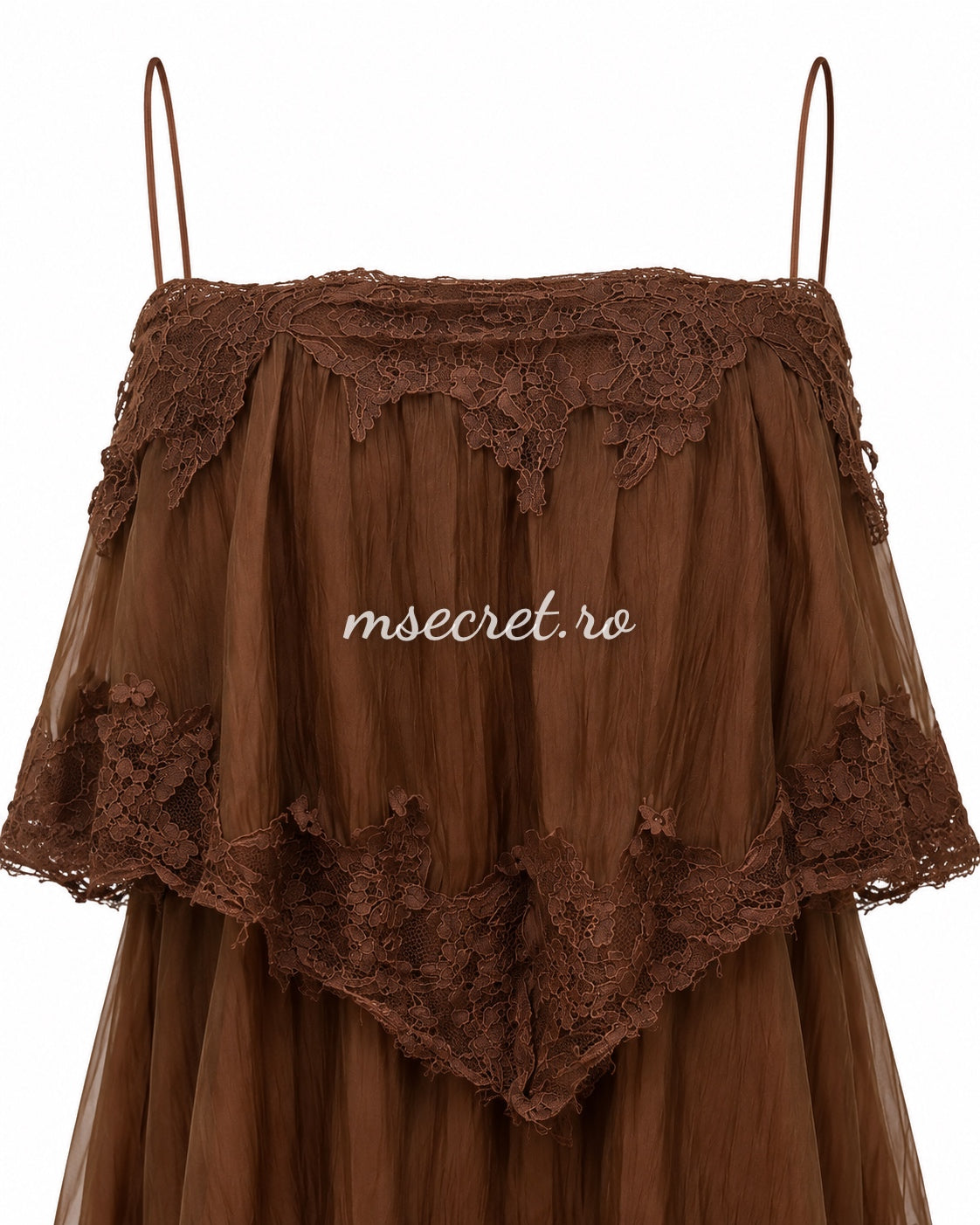 Rochie lunga maro cu volane si dantela romantica