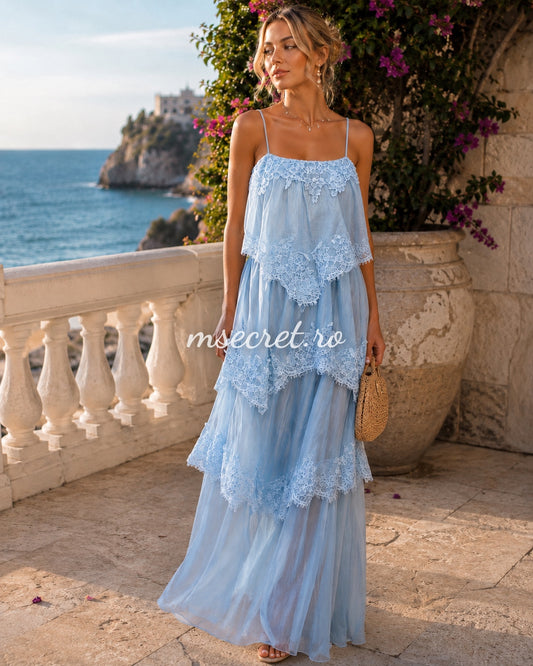 Rochie lunga blue cu volane si dantela romantica