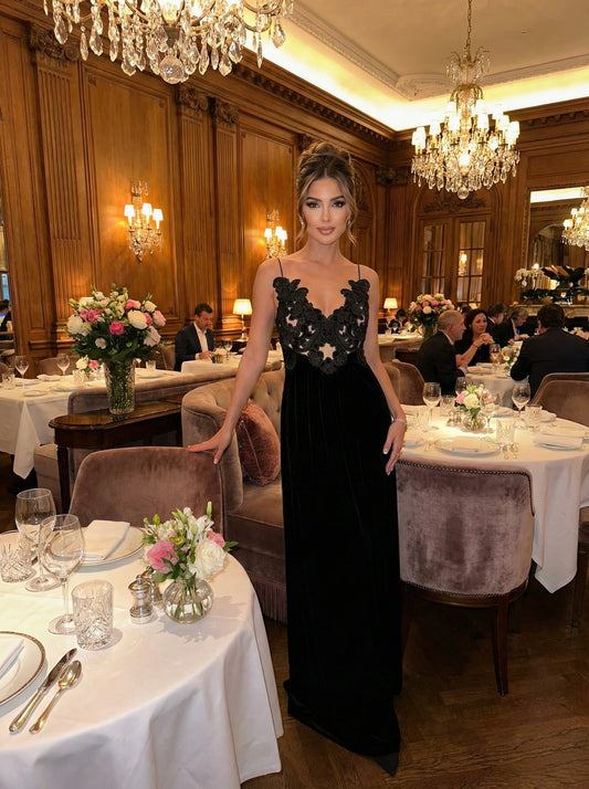 Rochie lunga din catifea neagra cu broderie si dantela