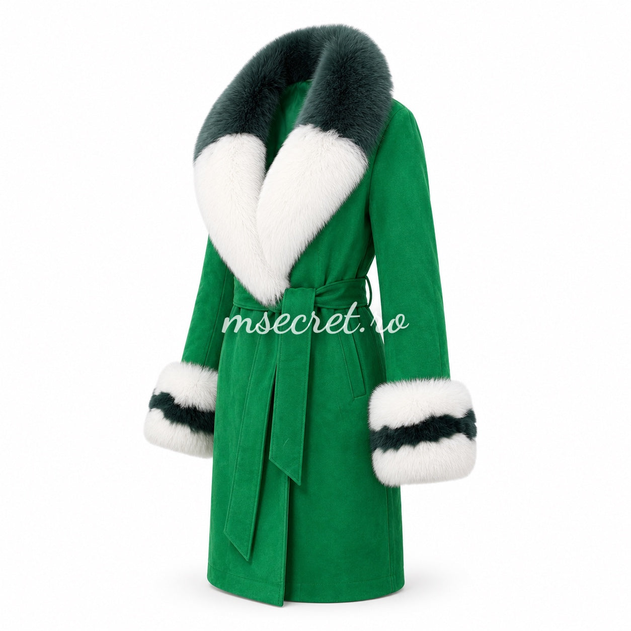 Palton verde din casmir cu guler și mansete din blana de vulpe