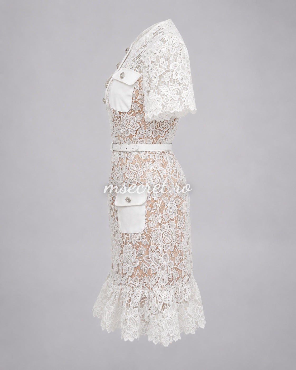 White lace dress with jewel buttons