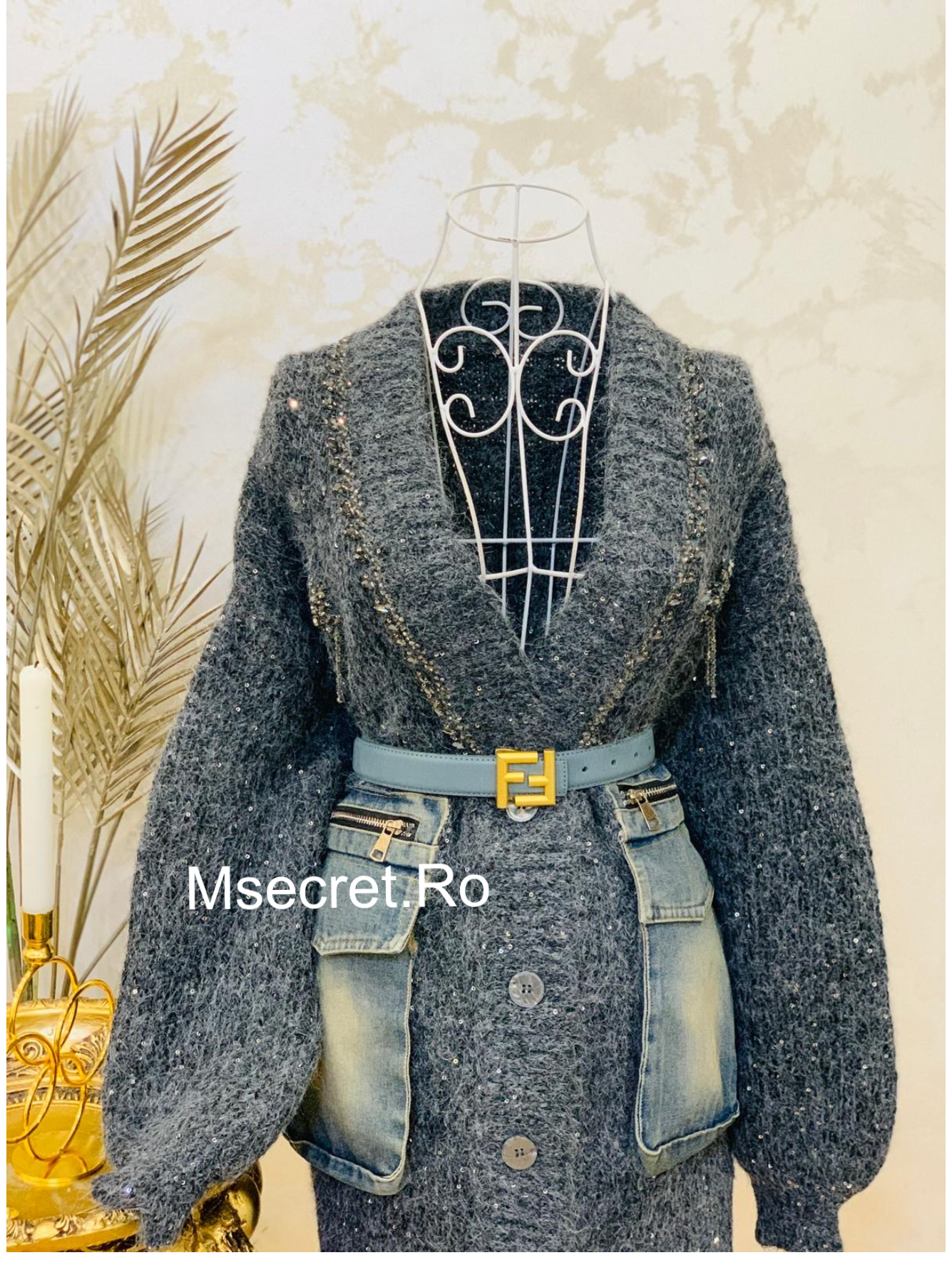 Cardigan din lana cu denim