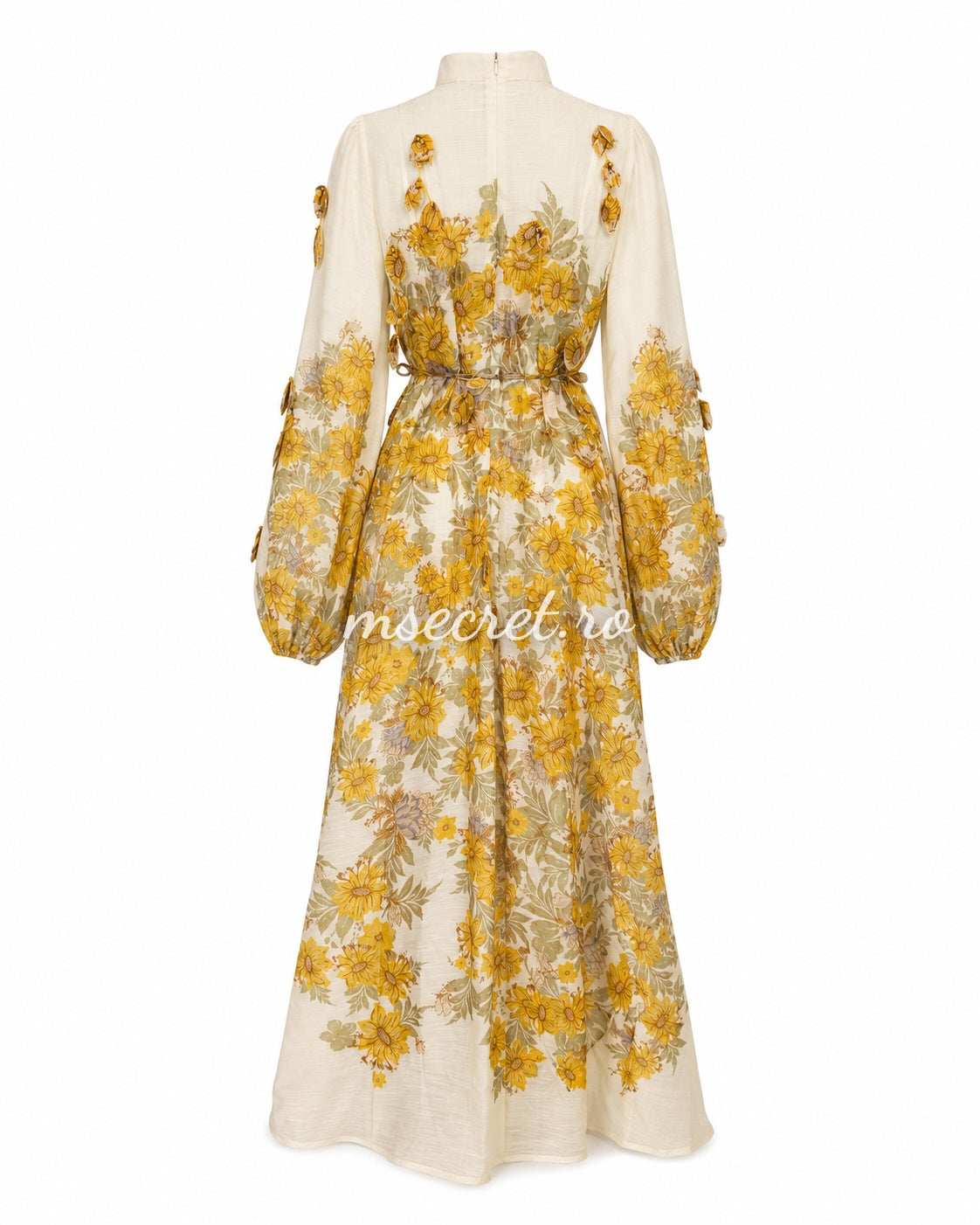 Yellow linen dress with floral print and 3D appliqués