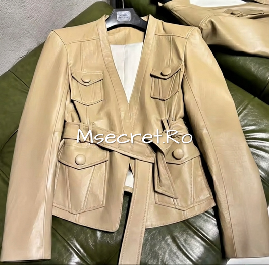 Geaca din piele naturala bej Dina
