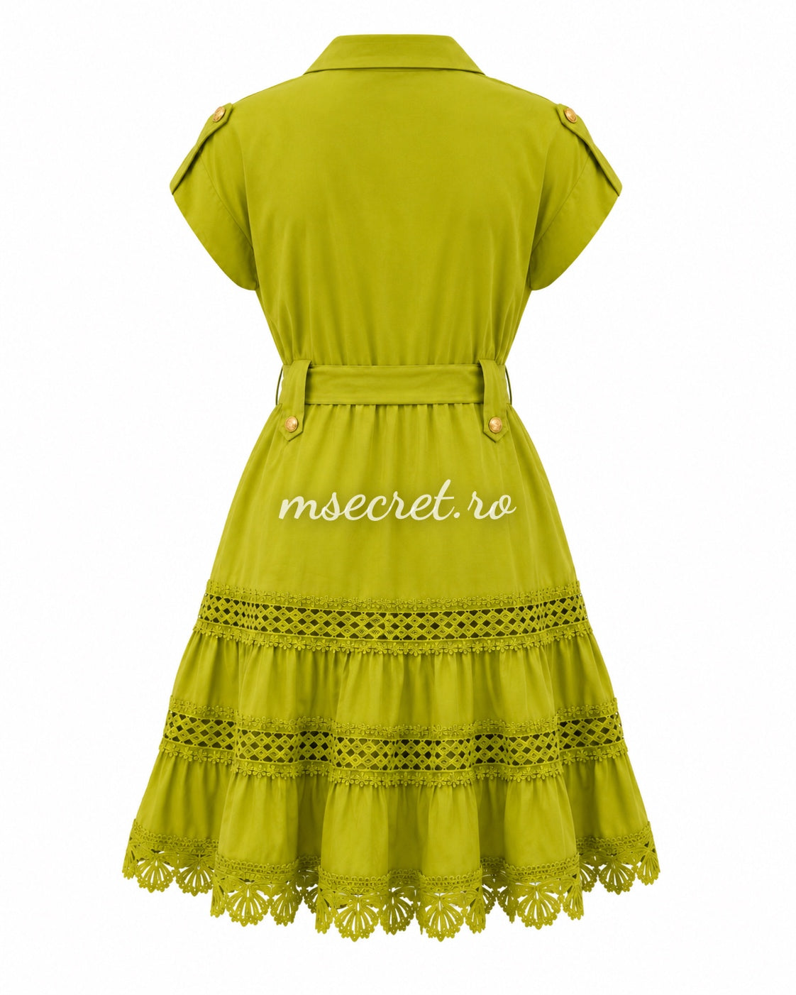 Rochie camasa verde cu cordon in talie si insertii din dantela