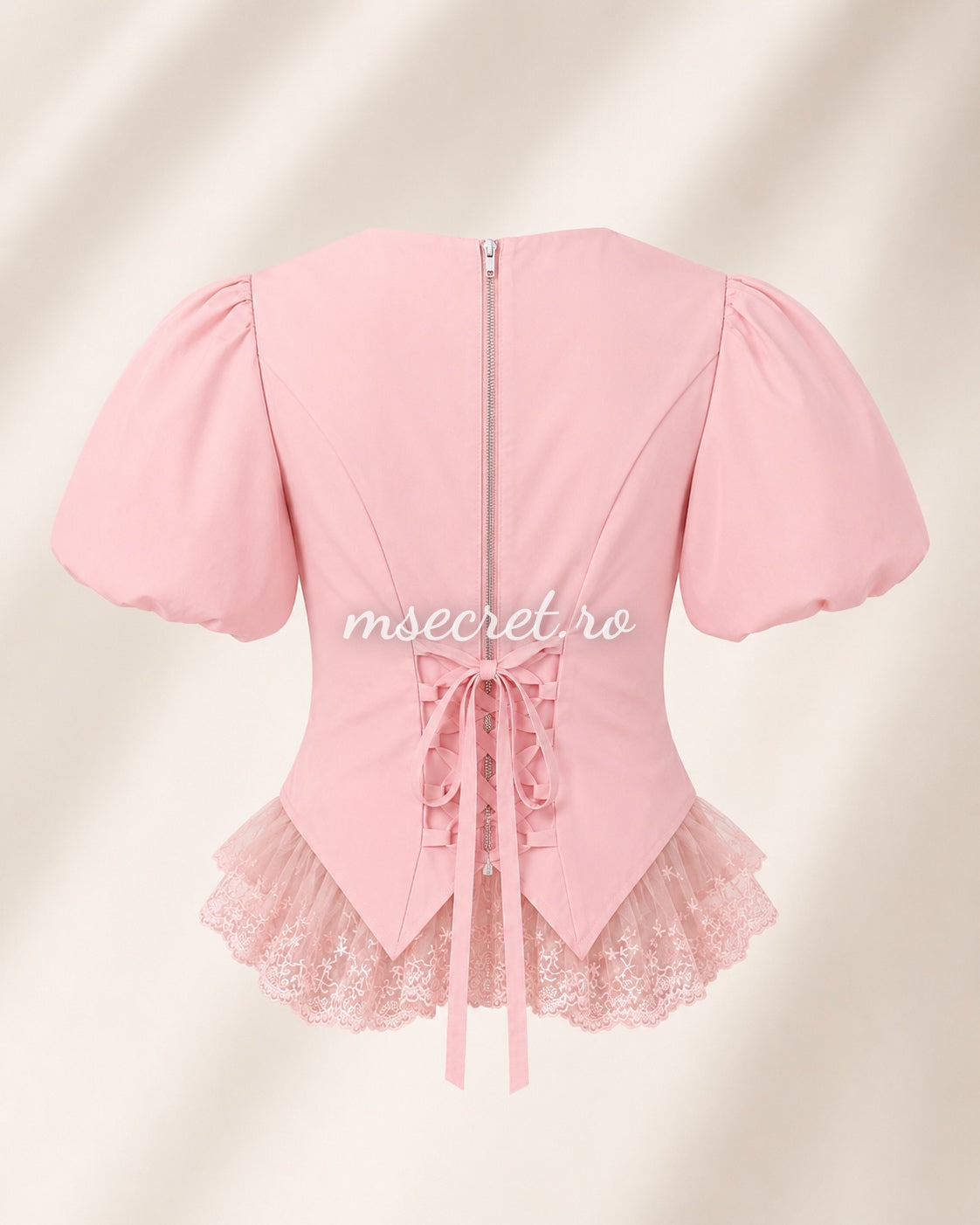 Pink shirt with puffed sleeves and embroidered tulle detail