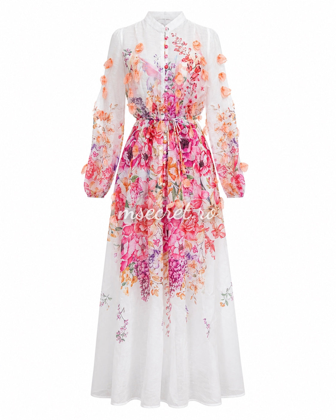Rochie roz din in cu imprimeu floral și aplicații 3D