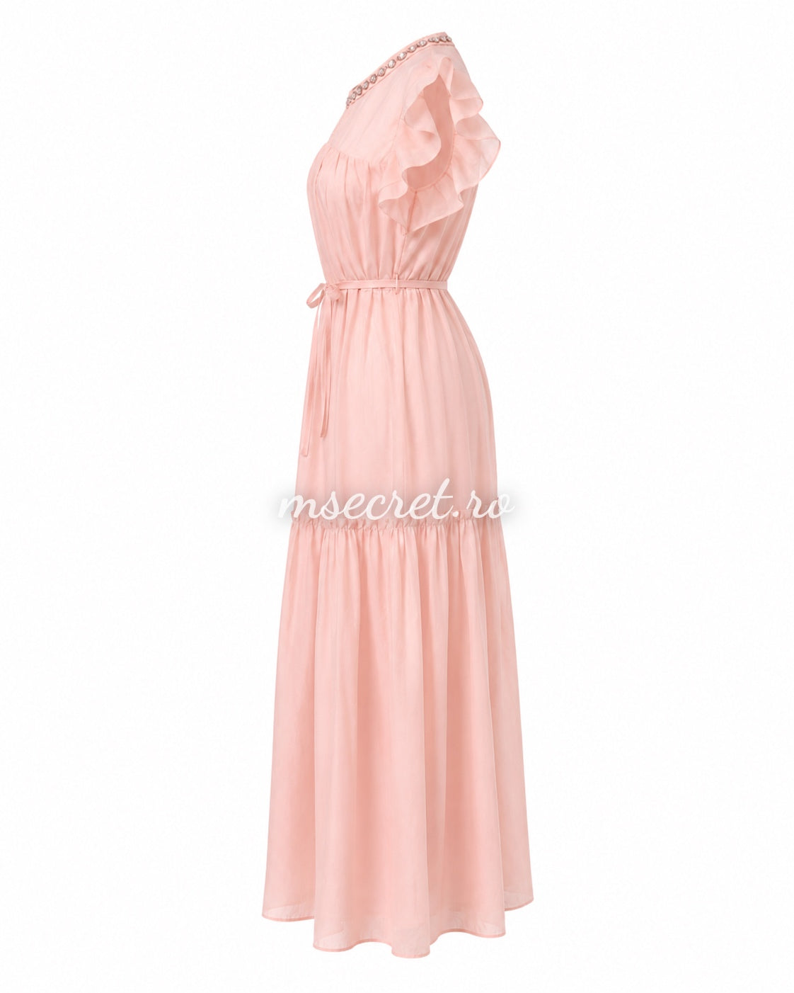 Rochie roz vaporoasa cu volane