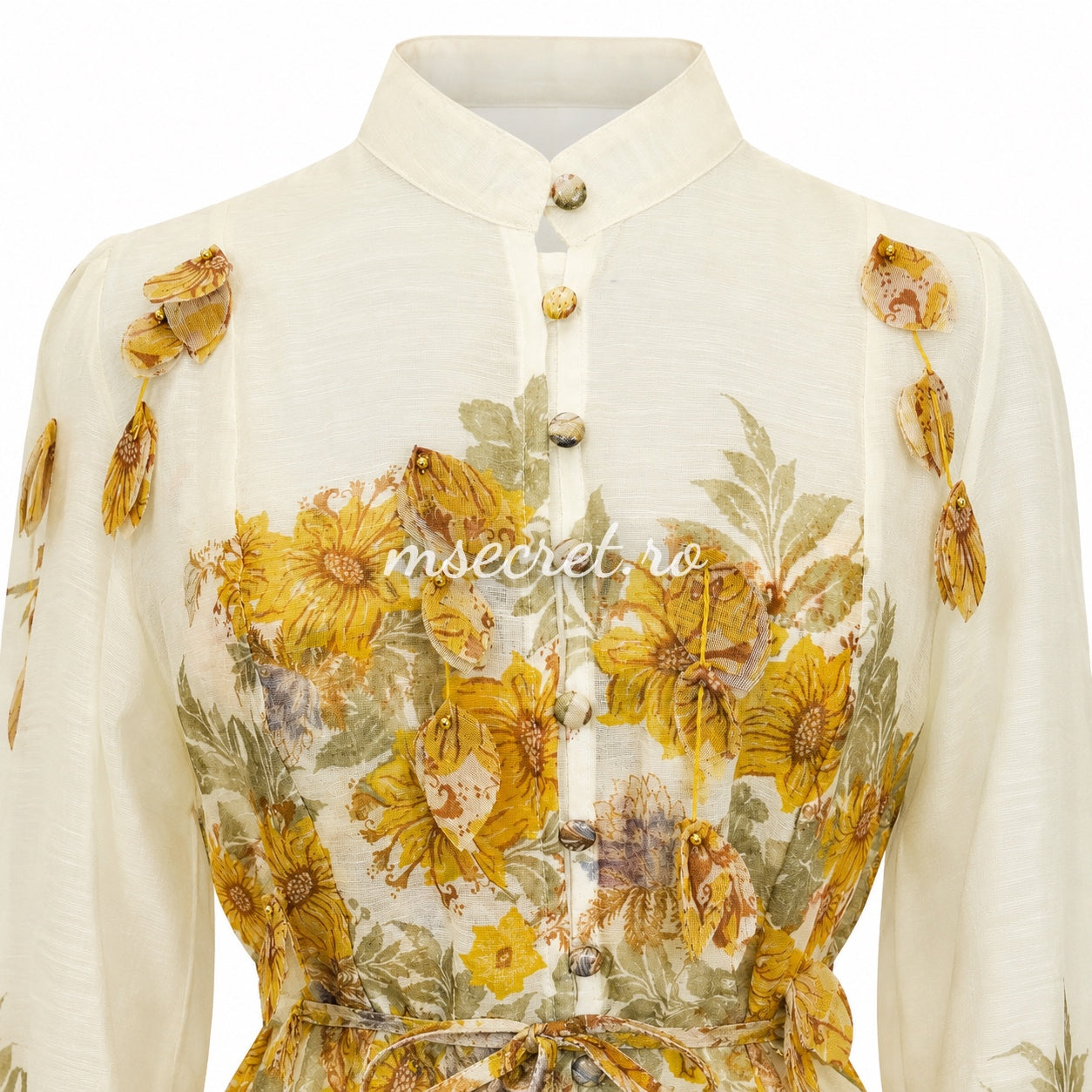 Yellow linen dress with floral print and 3D appliqués