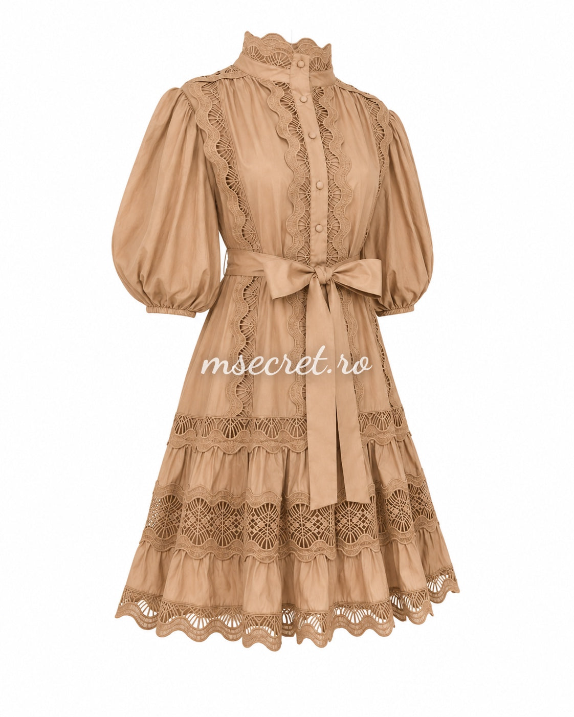 Beige dress with decorative embroidery and puff sleeves