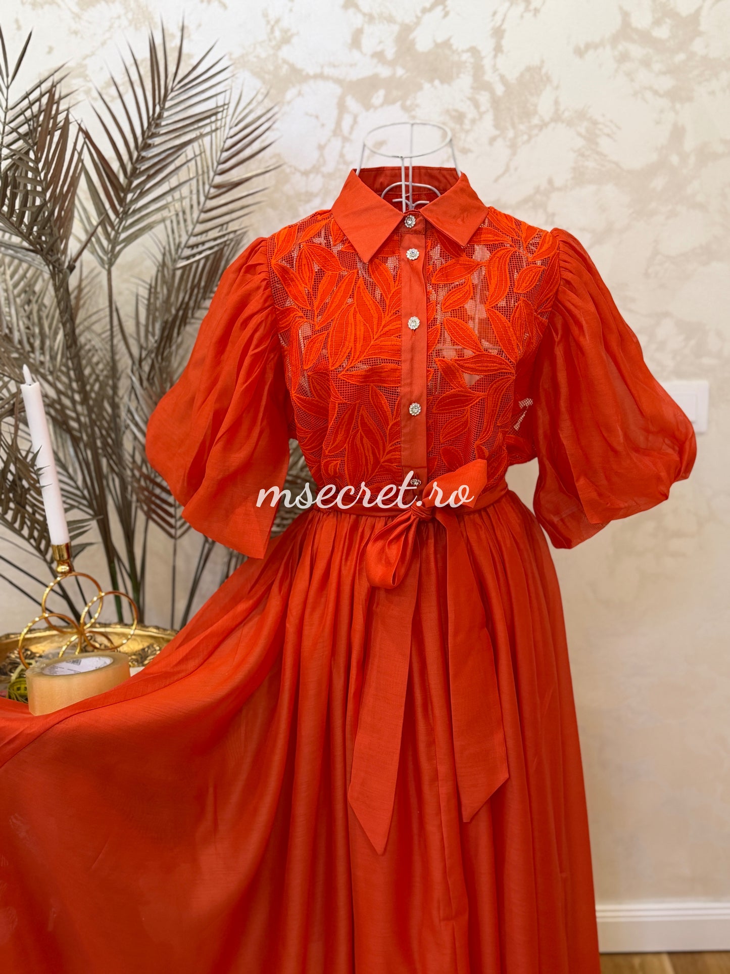 Elegant red chiffon dress with floral embroidery and puff sleeves