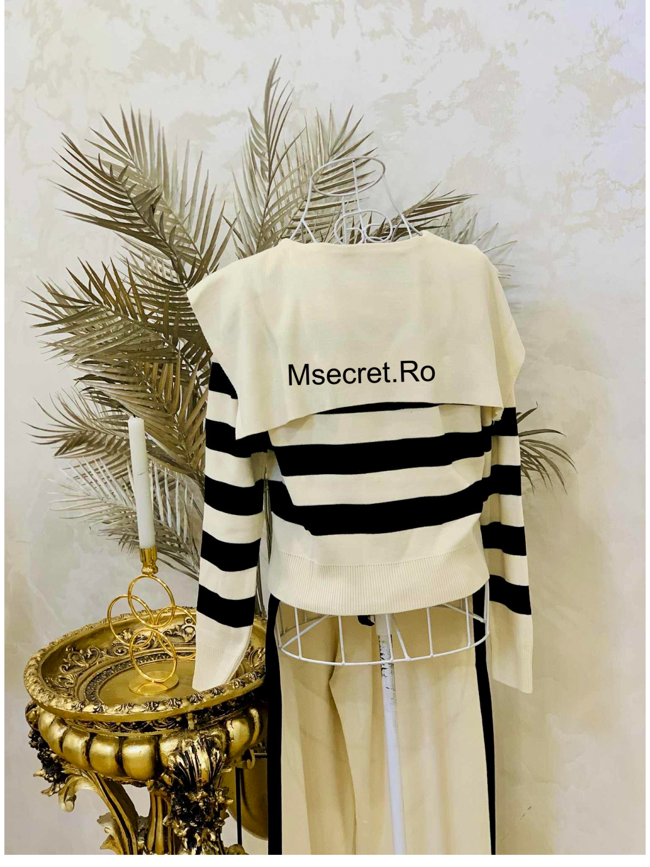 Compleu tricot bej-negru cu pantaloni lungi