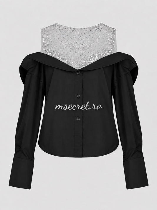 Camasa neagră elegantă din bumbac cu inserție din tull și cristale