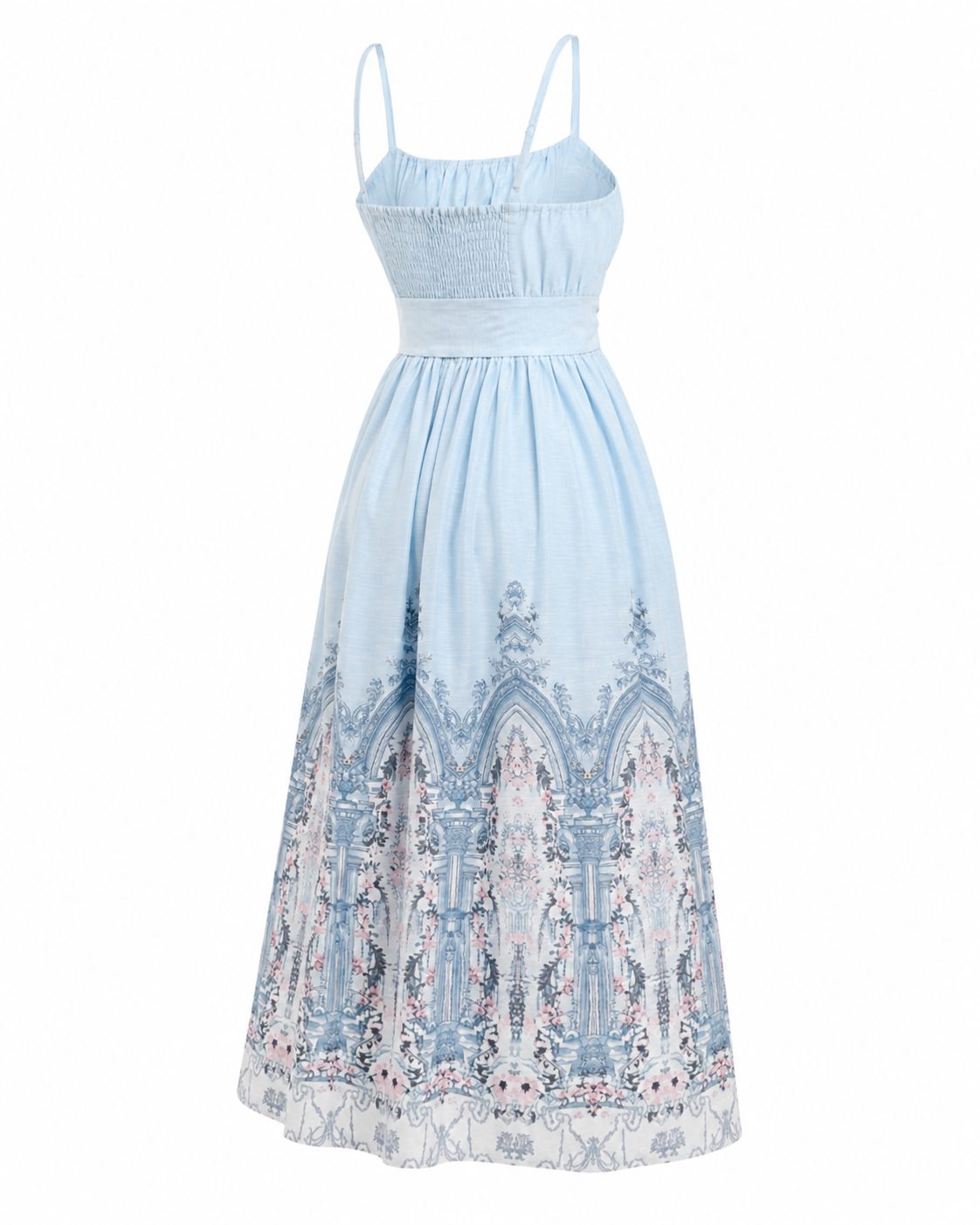 Rochie din in bleu cu imprimeu decorativ si cordon in talie