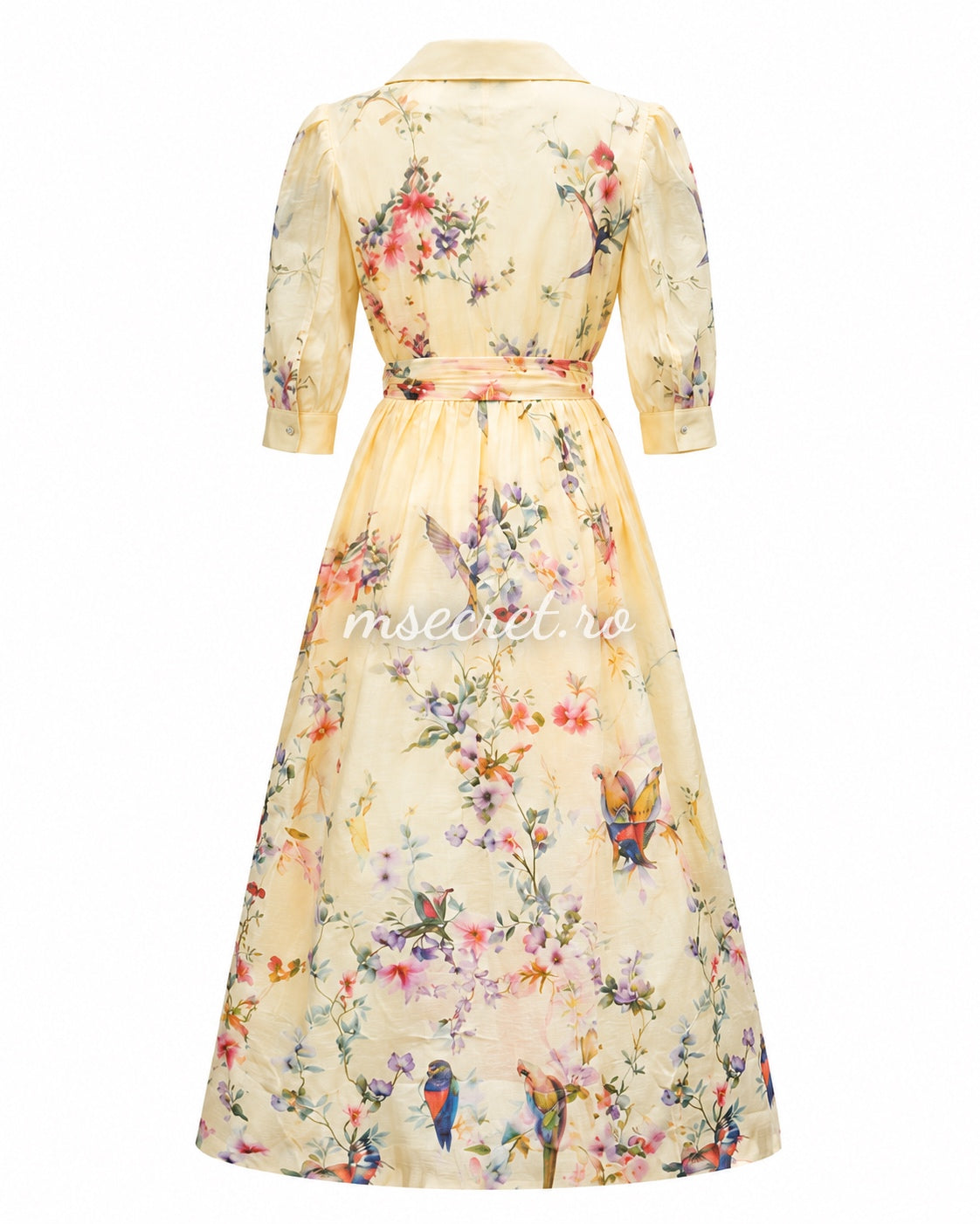 Rochie midi din in cu imprimeu floral si cordon tip esarfa