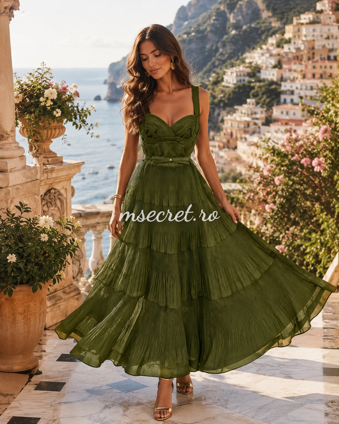 Rochie midi din in verde olive