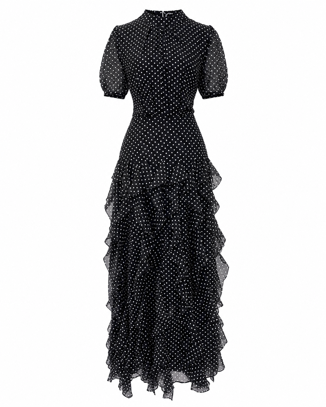 Rochie midi neagra din voal cu buline si volane delicate