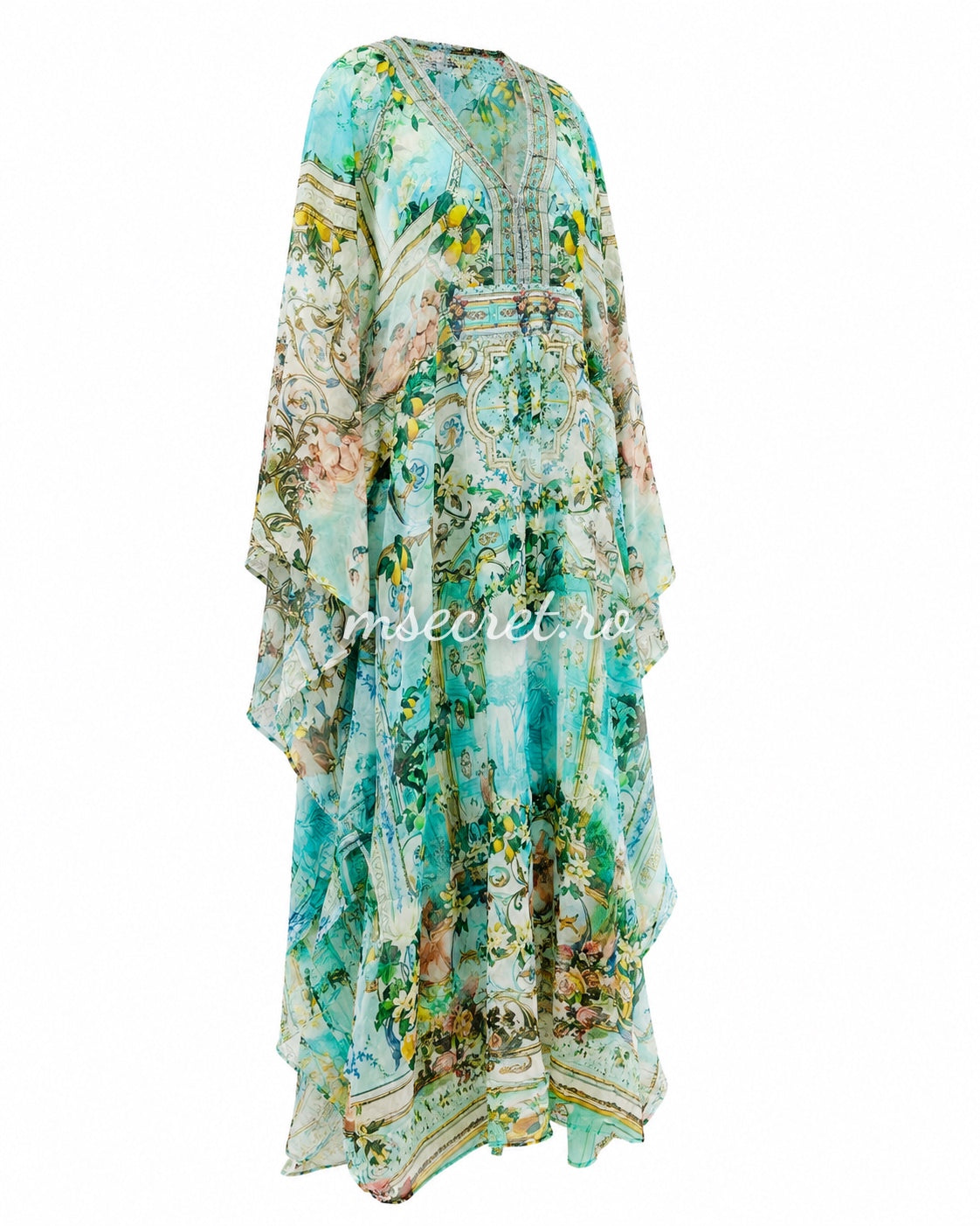 Rochie tip caftan turcoaz cu imprimeu mediteranean