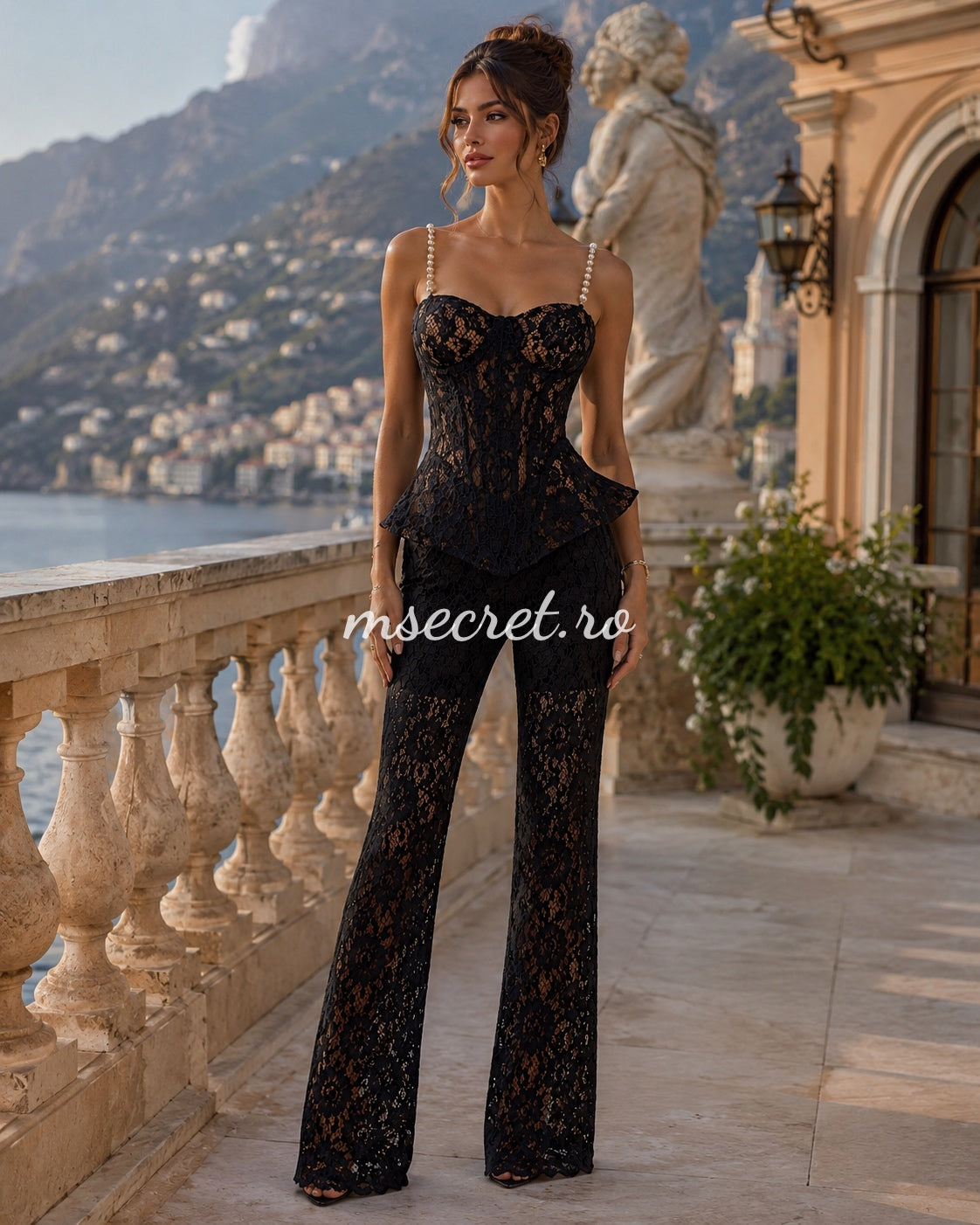 Compleu negru elegant din dantela cu corset si pantaloni evazati