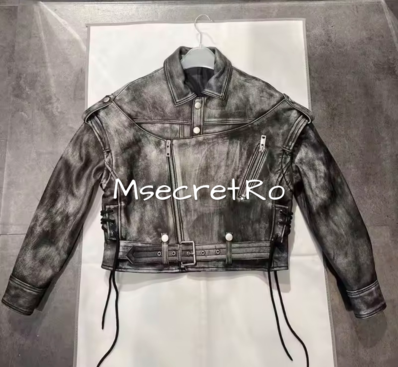 Geaca din piele naturala gri model biker premium, efect vintage