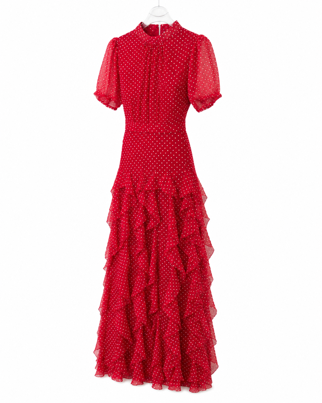 Rochie midi rosie din voal cu buline si volane delicate