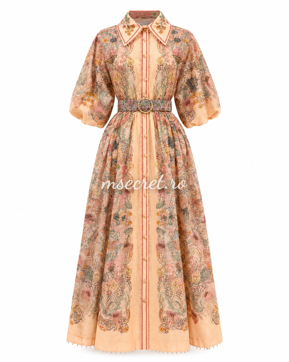 Rochie lunga din in cu imprimeu floral pastel