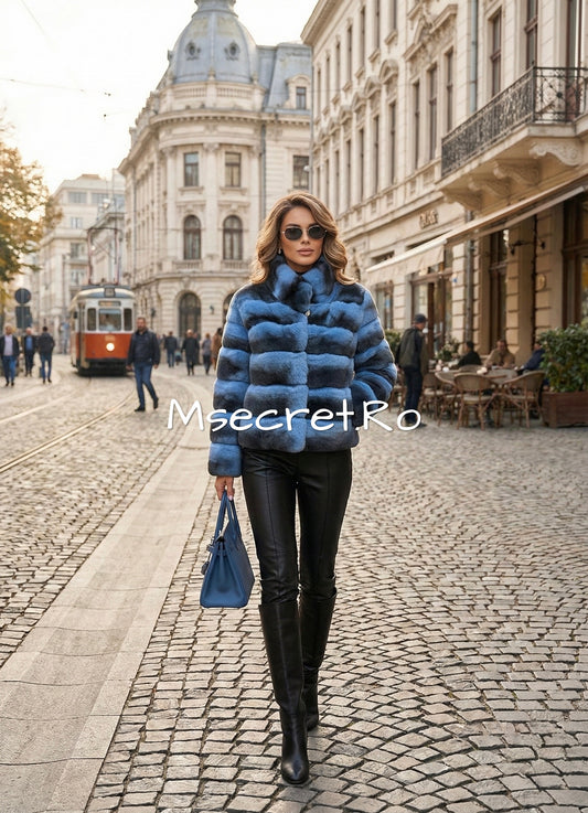 Baby blue genuine chinchilla fur coat
