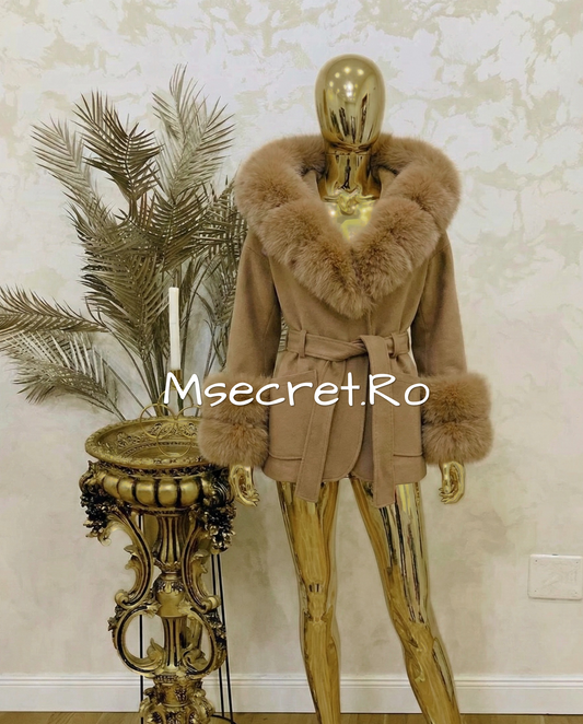 Beige alpaca coat with voluminous natural fur collar and hood