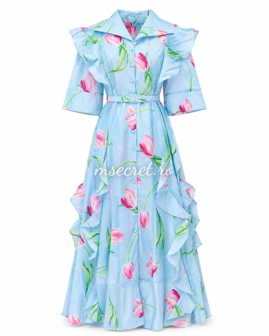 Rochie din in blue cu print floral si volane